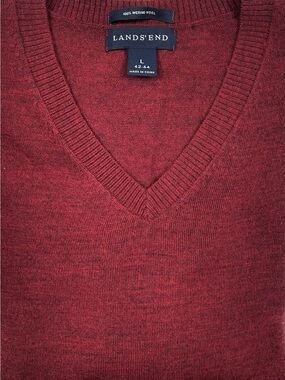 Lands' End Men's V-Neck 10% Merino Wool Sweater — Wine Red/Burgundy